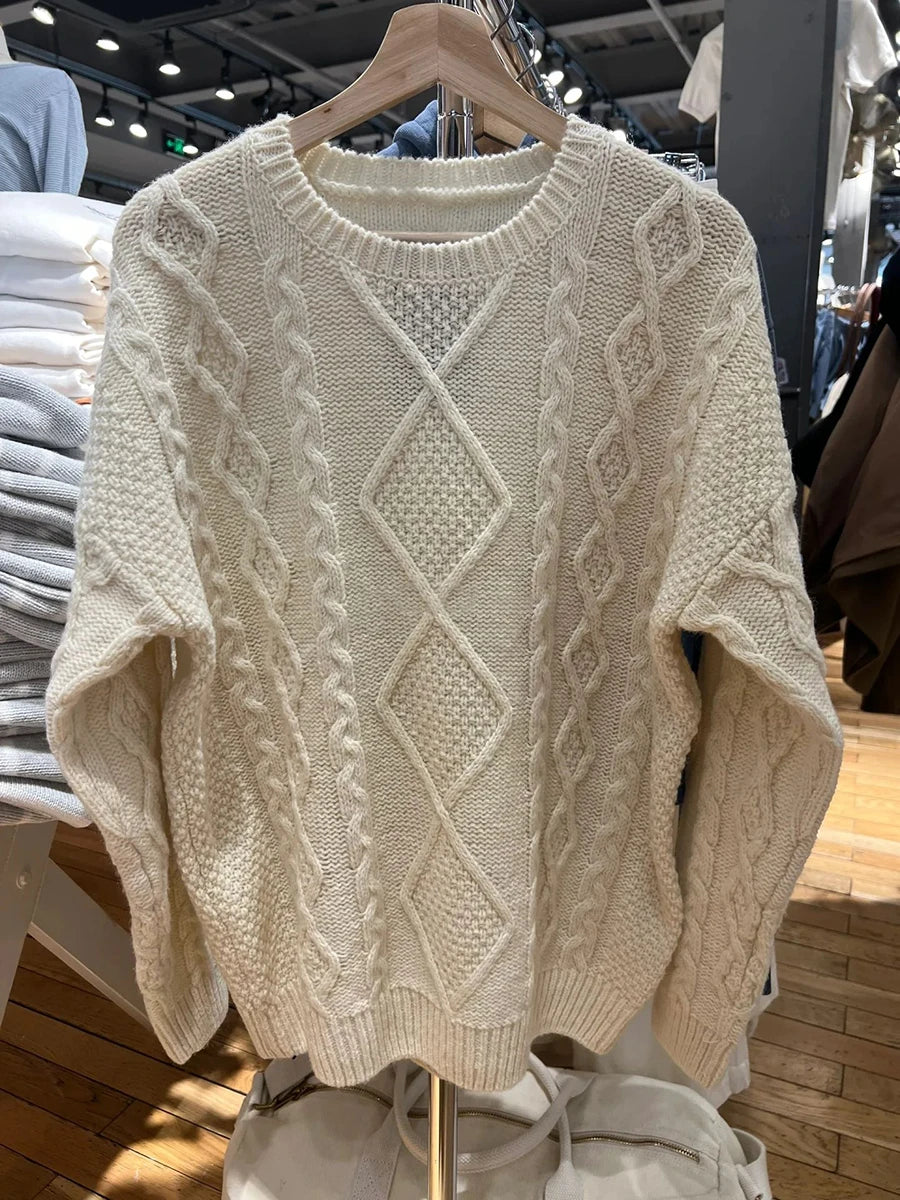 Twisted Flower Beige Thick Sweater Women Autumn O-Neck Loose Knitted Jumpers Sweet Preppy Style Solid Sweet Pullover Sweaters