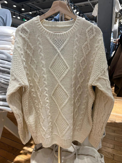 Twisted Flower Beige Thick Sweater Women Autumn O-Neck Loose Knitted Jumpers Sweet Preppy Style Solid Sweet Pullover Sweaters