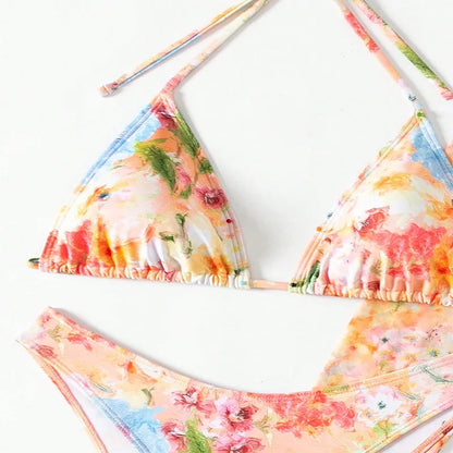 Sexy Floral Print Swimwear 4 Piece Micro Thong Bikinis Set Women Swimsuits Long Sleeve Crop Tops Skirts Cover Up Beachwear