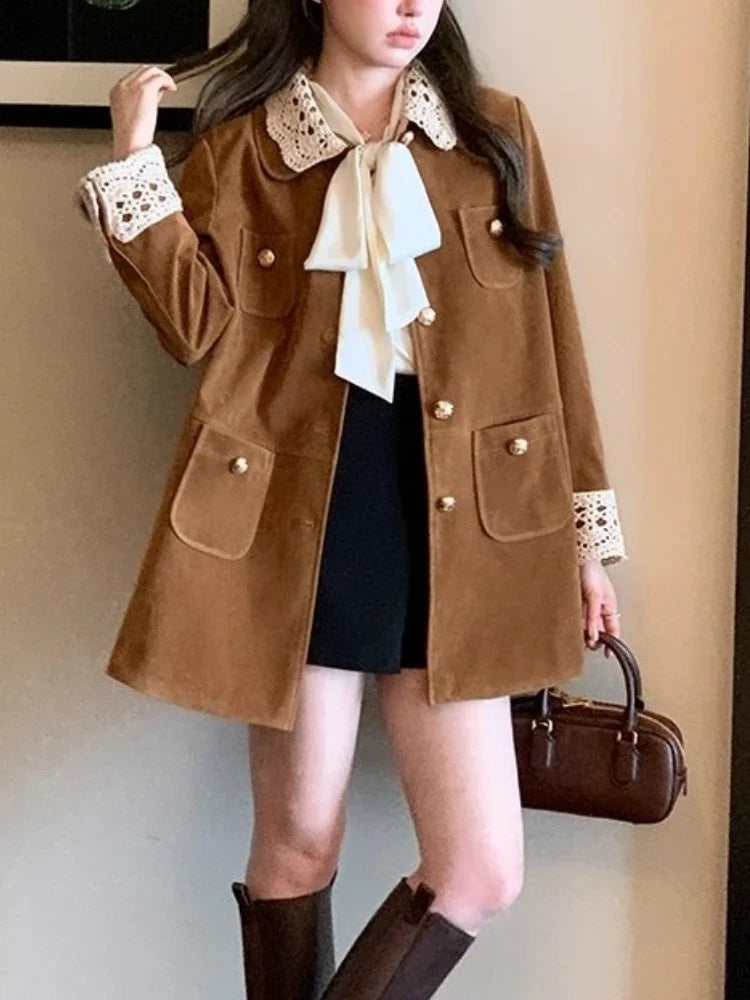Winter Kawaii Japanese Fashion Wool Lapel Lace Velvet Women Coat Sweet 2000s Vintage Cute JK Preppy Style Chic Casual Outerwears