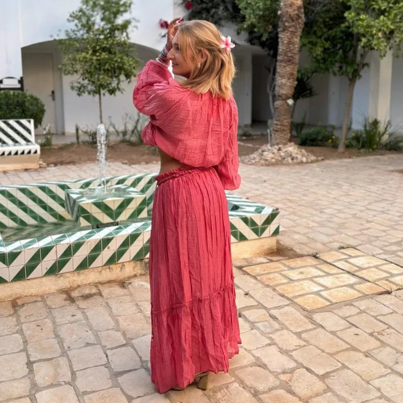 Casual Style Wrinkle Shirt Women's Top+high Waist Long Skirt Women Set 2pcs Fashion Boho Beach Spring Summer Outfits