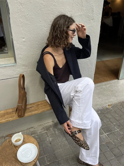 Vintage Solid Striped Cropped Jacket Women Autumn Long Sleeve Cardigan Blazer Outerwear New Casual Fashion Short Jackets