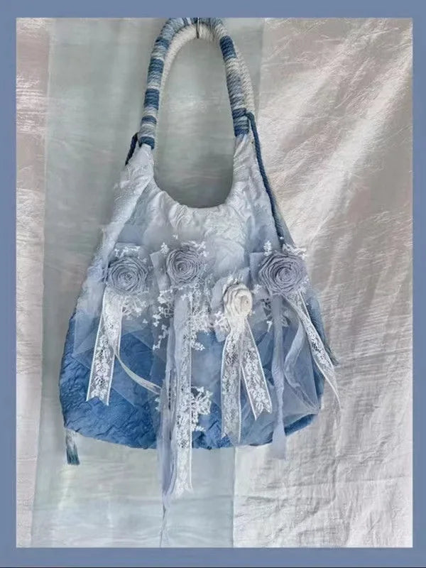 Blue Retro Satin Tie Dye Rose Pleated Shoulder Bag with Lace Fashion Women Chic Underarm Handbag