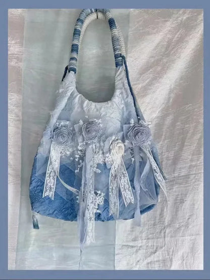 Blue Retro Satin Tie Dye Rose Pleated Shoulder Bag with Lace Fashion Women Chic Underarm Handbag