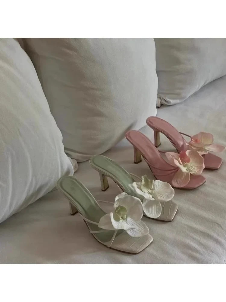 Pink Red Green Orchid Flowers Decor Outside Women Hight Heels Slippers Summer 2024 Thin Heels Ladies Flipflops