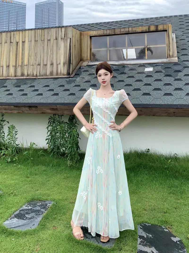 French High-Grade Sweet Dress Women's New Summer Fashion Chic Print Slim Medium Length Pear Shape Evening Dresses
