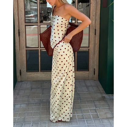 Women Satin 2Piece Skirt Sets Summer Trendy Polka Dot Outfit Y2k Strapless Tube Top + Maxi Skirt Silky Going Out Set
