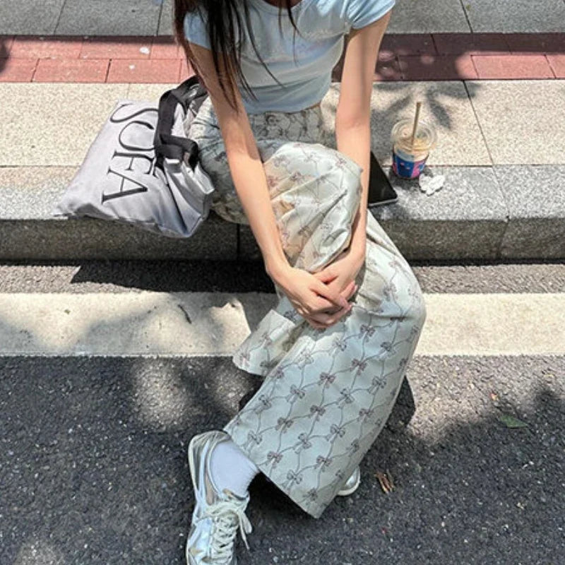 Y2k Vintage Baggy Pants Woman America Retro Casual Wide Leg Bow Print Trousers Sweet Harajuku High Street Pantalones