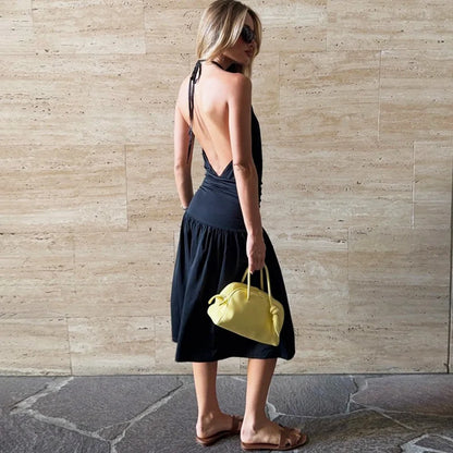 Elegant Women Streetwear Vacation Dresses Sexy Deep V-Neck Halter Dress Black Ruched Backless Lace Up Split Long Dress