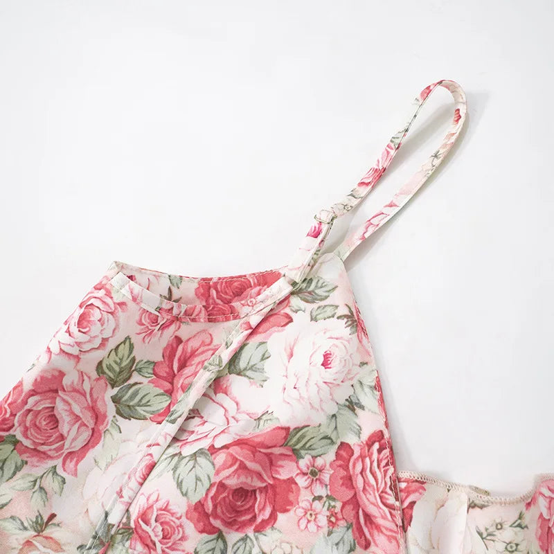 Flower Printed Strap Dress 2025 Spring New Fashion Elegant Sleeveless V Neck High Slit Ruffles Vestidos Beach Vacation Robe