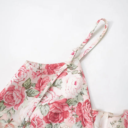Flower Printed Strap Dress 2025 Spring New Fashion Elegant Sleeveless V Neck High Slit Ruffles Vestidos Beach Vacation Robe