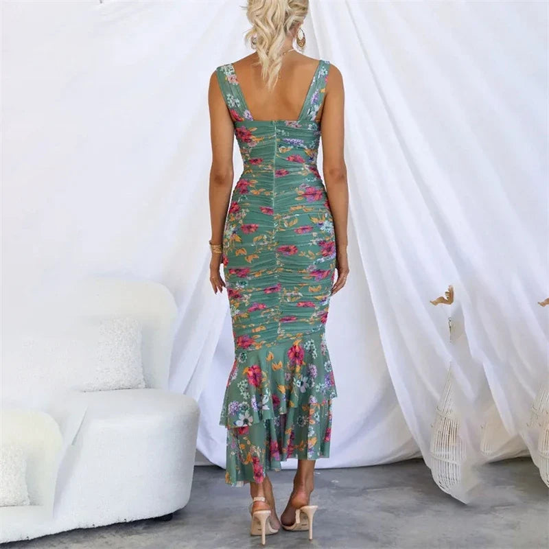 New Summer Printed Casual Sling Sleeveless Dress Zipper Slim-Fit Dress Pullover V-Neck Dress Vacation Women's Clothing