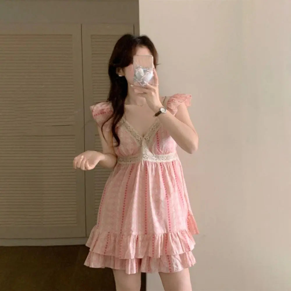 Striped Suspender Shorts Pajamas Ruffle Sleeveless Floral Pajamas Suit Loose with Chest Pad Women's Sleepwear Sets Sleeping