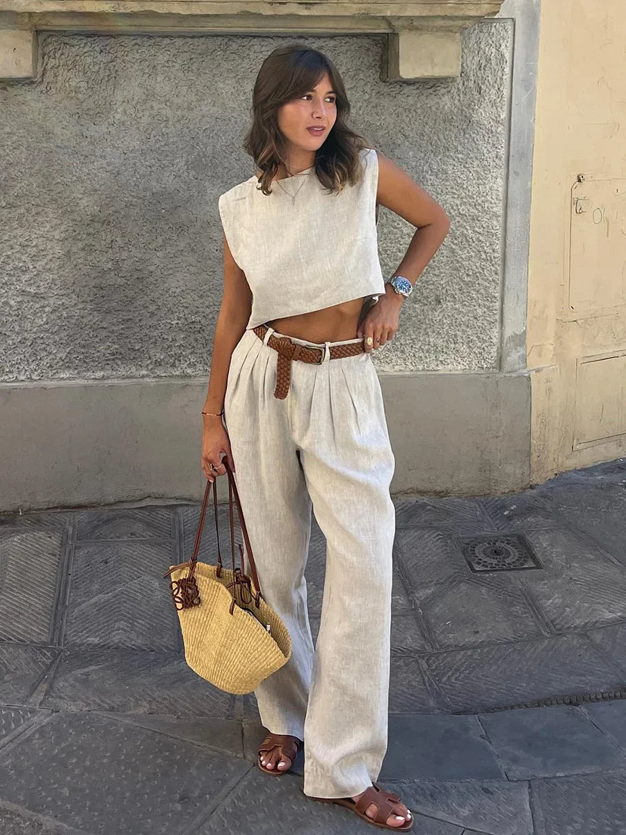 Women's Summer Cotton Linen Vest Pants Set Office Lady Chic Short Vest Casual Trousers Female Loose Long Pants Suits