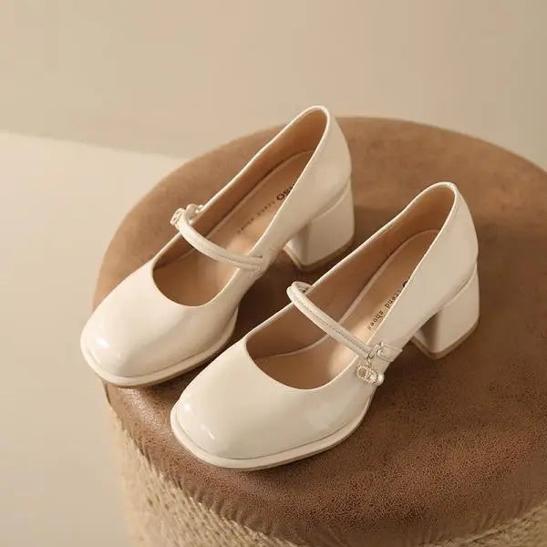 High Heel Leather Shoes Mary Jane Branded Pumps Chunky Sandals Shallow Mouth Clogs for Women Slip On Round Toe Latest Lolit