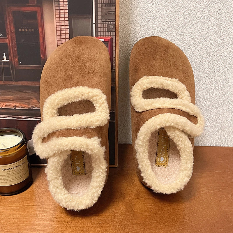 Female Shoes Breathable Winter Cotton Thick Warm Plush Fur Simple Buckle Moccasin Anti-Slippery Autumn New Hot Retro