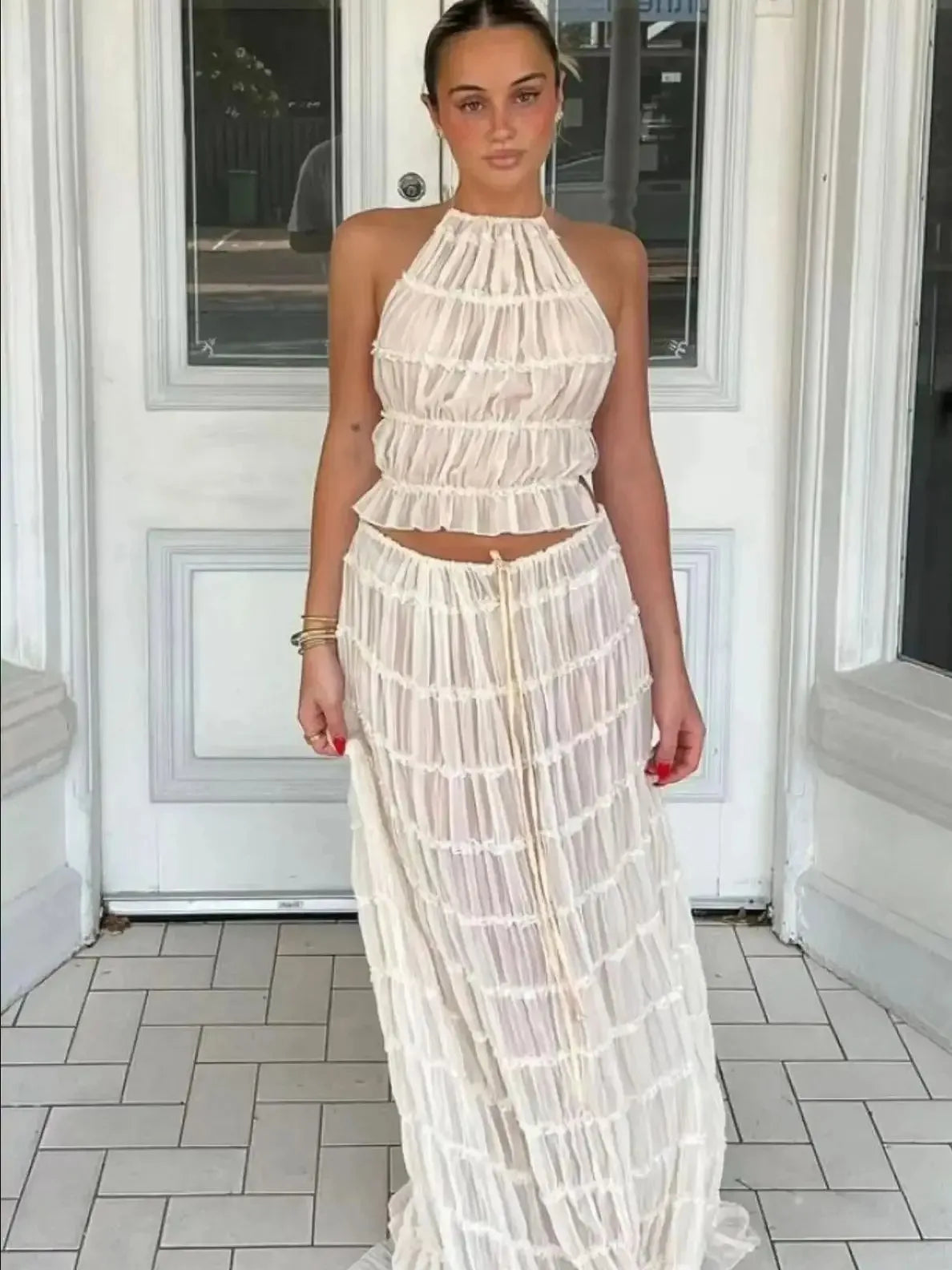 Halter Ruffled Neck Tiered Pleated Crinkle Crop Top and Maxi Skirt Set
