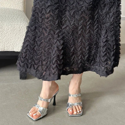 Fashion High Heels Modern Slippers Women Thin Heels Flip Flops Clip Toe Mules Slides Square Open Toe Party Dress Summer Shoes