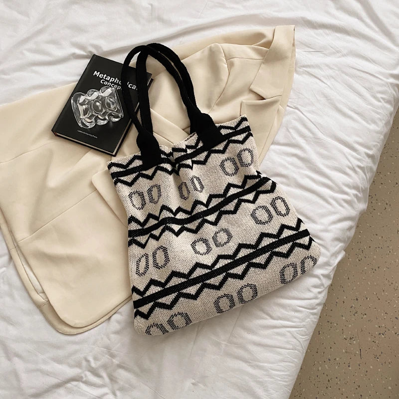 Boho Women Bag Fashion Knitted Handbag Shoulder Bag Japanese Style Woolen Crochet Woven Bag Large Capacity Top Handle Tote Bag