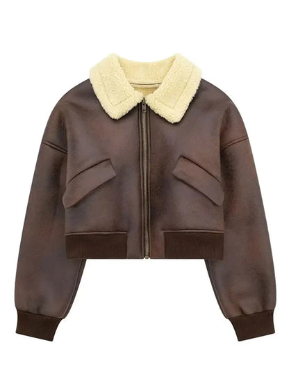 Chic Long Sleeve Lapel Double Side Motorcycle Coat Fashion Warm Pocket Zipper Jackets Autumn Winter Woman High Street Coats
