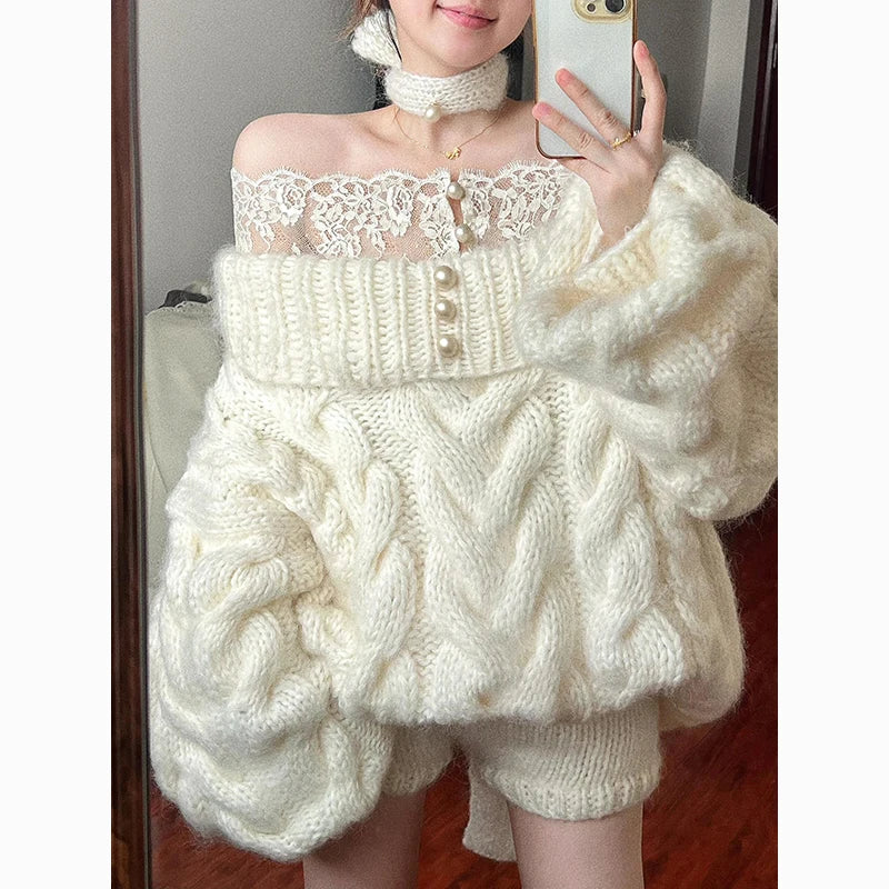 Lazy Style Women Slash Neck Fashion Sweater French Lace Patchwork Loose Cloak Off Shoulder Knitted Top Oversize Loose Pullover