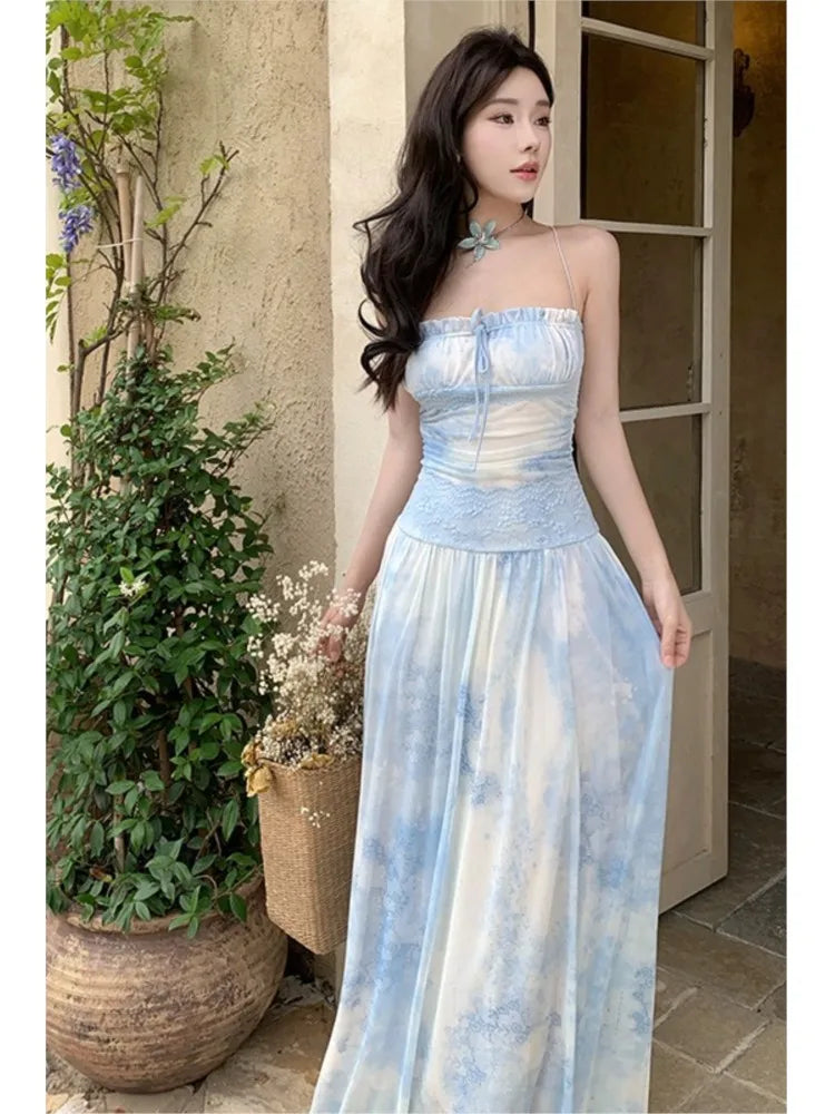 Holiday Beach Vintage Printed Backless Long Blue Dress Women Summer Spaghetti Strap Elegant Fairy Dress Evening Party Dresses