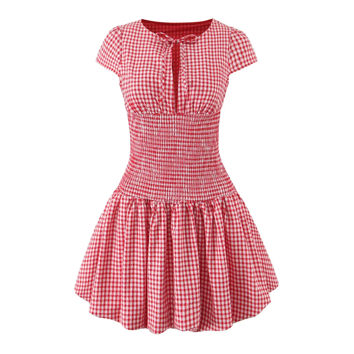Light Blue Plaid Slim Fit Bud Mini Dress Women Short Sleeve O Neck Casual Holiday Summer Dresses Female 2026 Robe