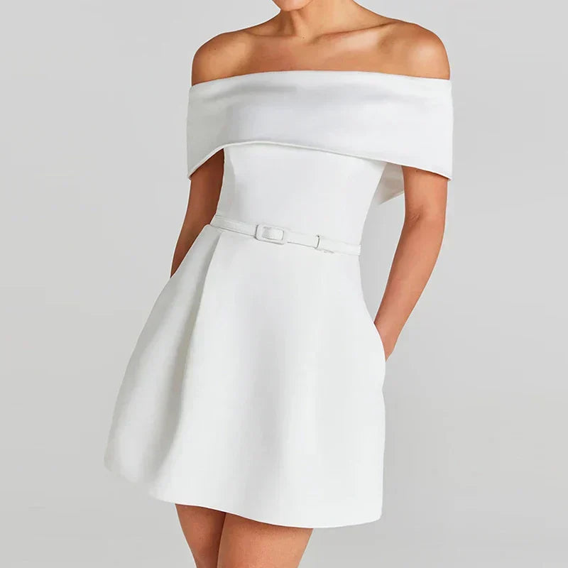 Off Shoulder Belted Fit and Flare Pocket A-Line Mini Dress