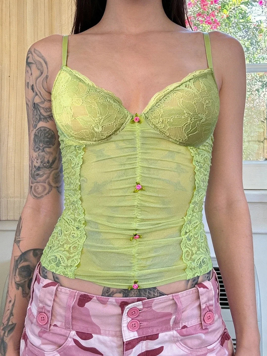 New Women's Lace Patchwork Mesh V Neck Cami Top Sexy 3D Floral Decor See Through Slim Y2K Club Party Streetwear