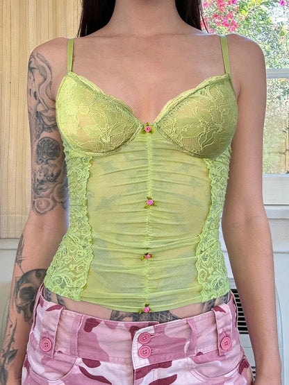 New Women's Lace Patchwork Mesh V Neck Cami Top Sexy 3D Floral Decor See Through Slim Y2K Club Party Streetwear