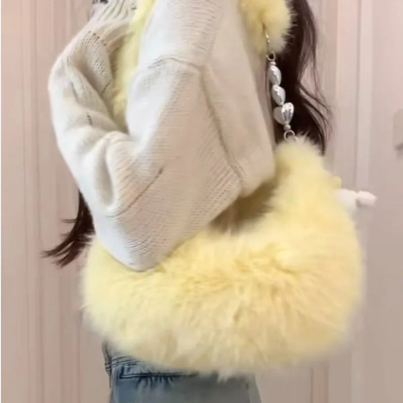 New Korean Plush Shoulder Bag Women's Zipper Large Capacity Crossbody Bag Cute Japanese Splicing Girl's Bag