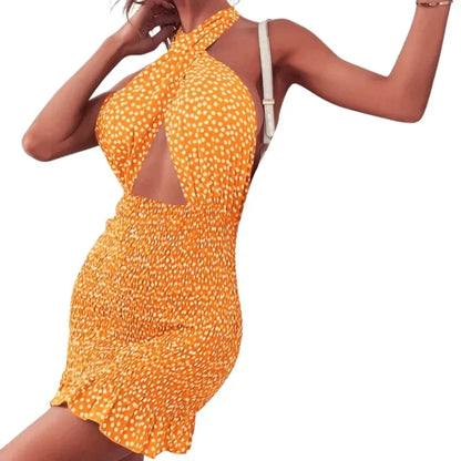 Women Close-fitting Backless Dress Sexy Floral Printed Pattern Halter Neck Hollow Out Short Dresses Summer Club Wear