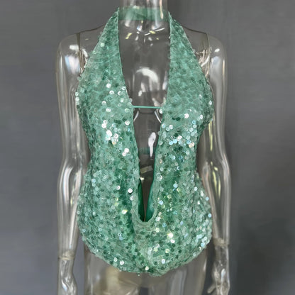 Summer Backless Solid Sequins Women's Tops Sexy Halter Sleeveless Crop Camis Lady Cute Party Shining Top Holiday Beach Tanks