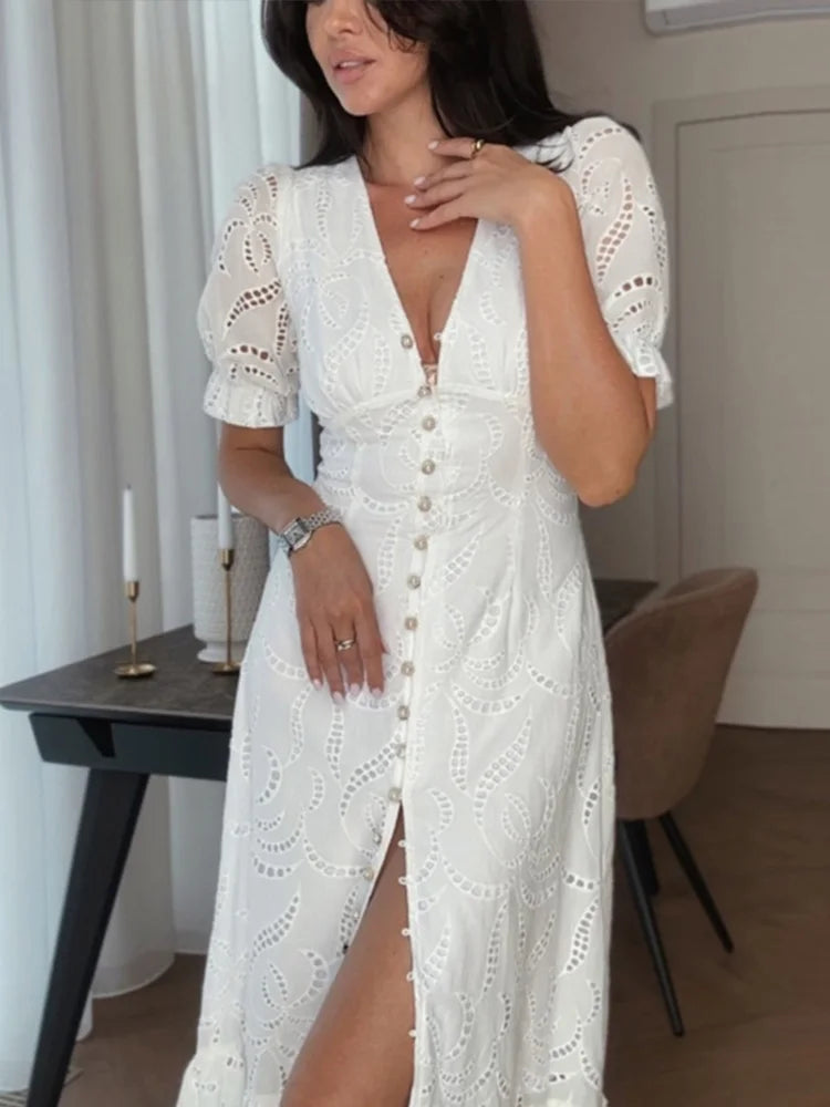 Elegant Sexy Embroidery Long Dress Women V Neck Single Breasted Short Sleeves Vestidos Female 2025 Summer Chic Soft Solid Robe