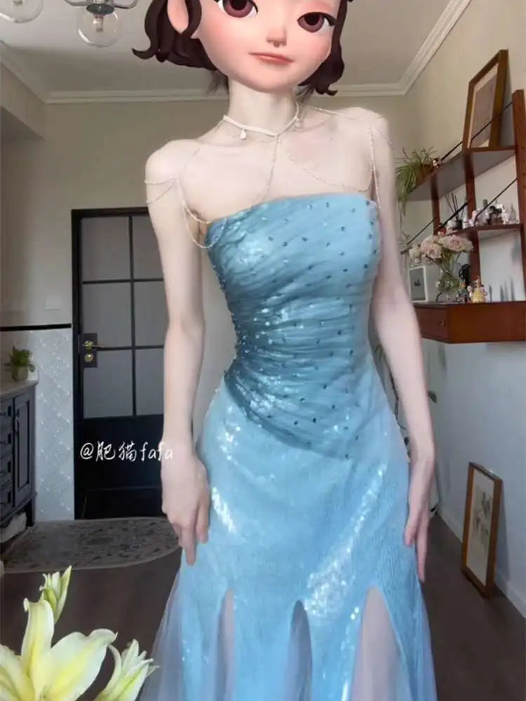 Strapless Evening Gown Light Luxury Dress Niche High-end Student Temperament Art Exam Adult Banquet Host Blue Fish Tail Dress