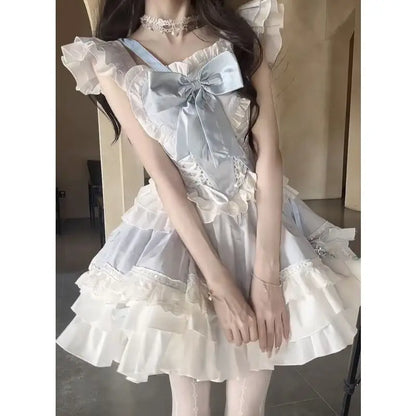 Lolita's cute and girlish design, with a ruffled bow and color-blocking lace puffy skirt