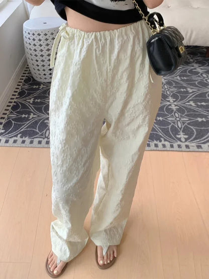 Casual South Korea Chic Spring Design Lace Up Bow High Waist Versatile Jacquard Casual Straight Pants Trousers Women