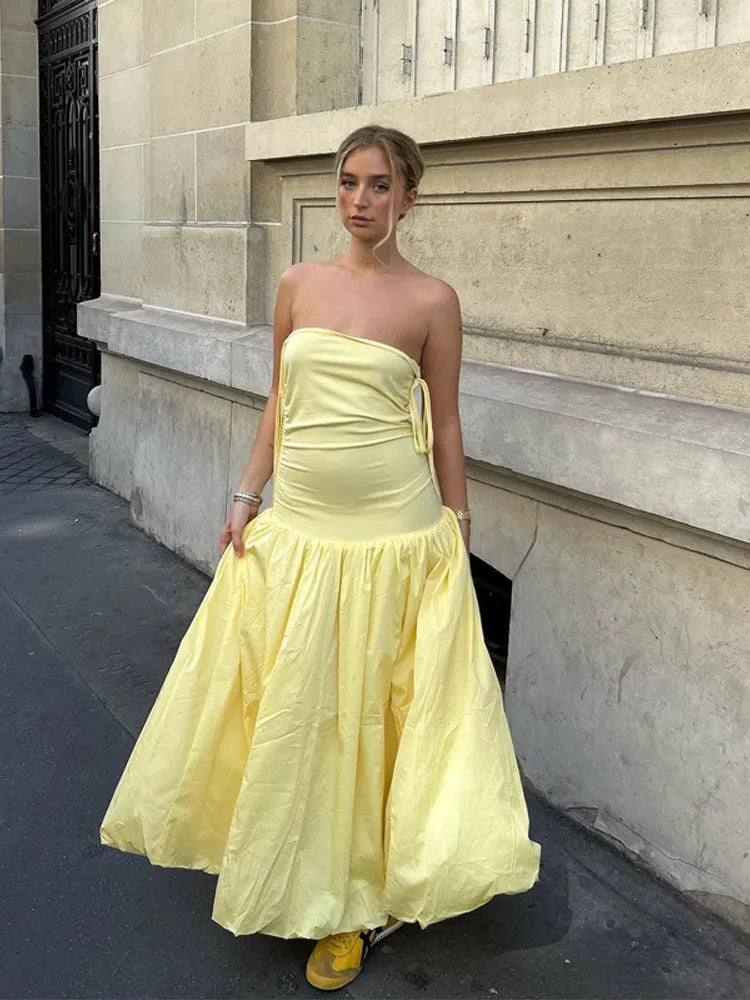 Sexy Strapless Women Solid Patchwork Maxi Dress Elegant Slim Backless Pleated Hem Dresses Summer Lady High Street Robes 2024