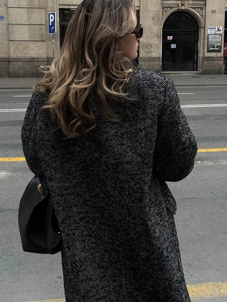 Women Herringbone Wool Tweed Overcoat Fashion Long-Sleeved Turn-down Collar Coat Double Breasted High Street Outerwears