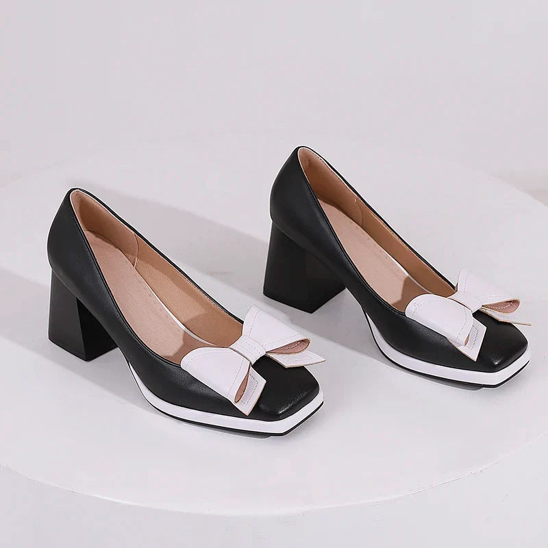 Sweet Bow-tied Women's Heels Shoes Elegant Blue Red Block Medium Heel Pumps Large Size Office Party Wedding Shoes