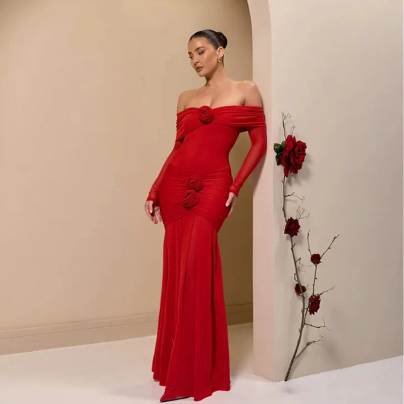 Off Shoulder Long Sleeve 3D Floral Rosette Mermaid Maxi Gown