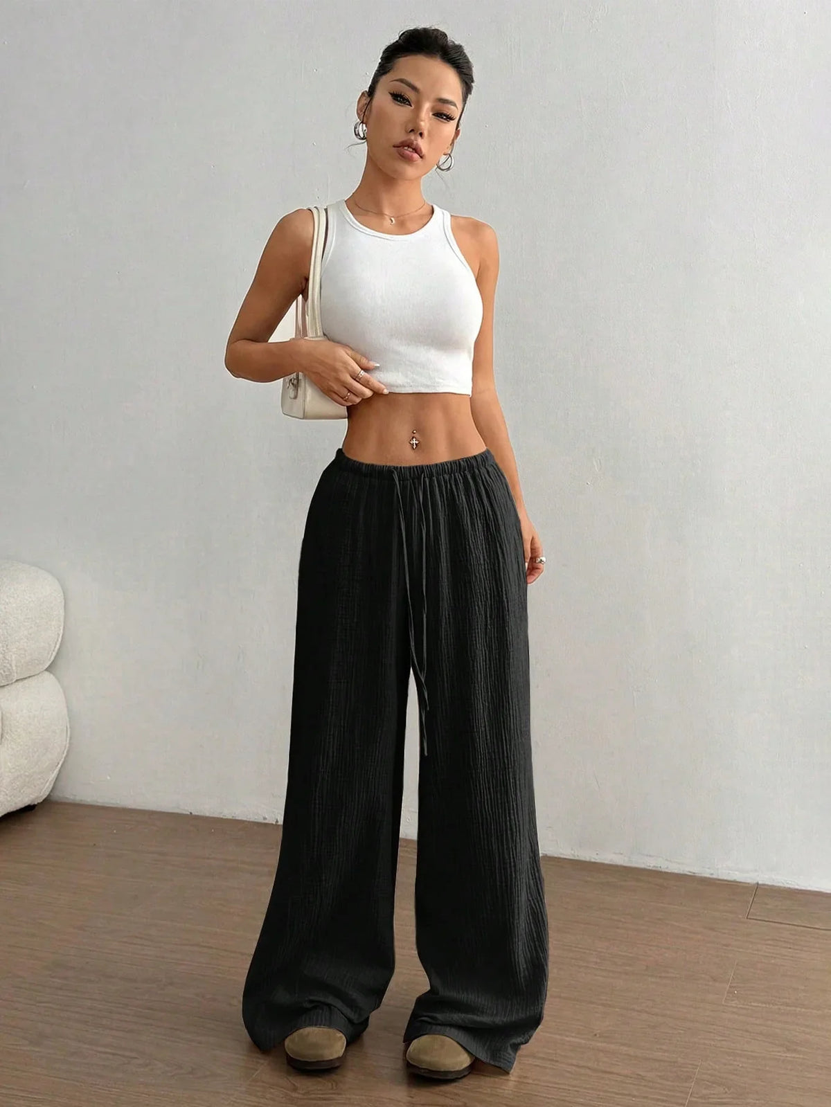 New Style Pure Cotton Fashion Casual Solid Color Loose Wide-Leg Floor-Length Trousers for Women