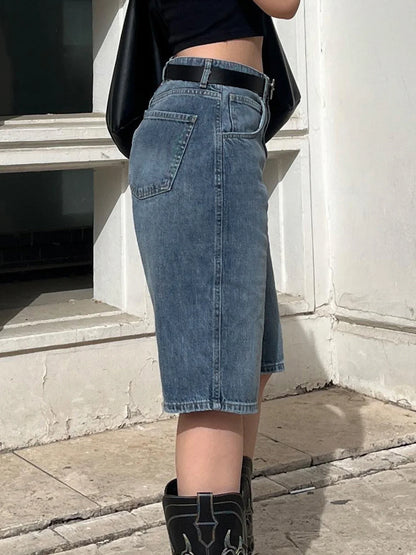 Blue Baggy knee-length Jeans Streetwear y2k High Waist Loose Mid-length Jeans for Women Summer Casual Basic Denim Pants