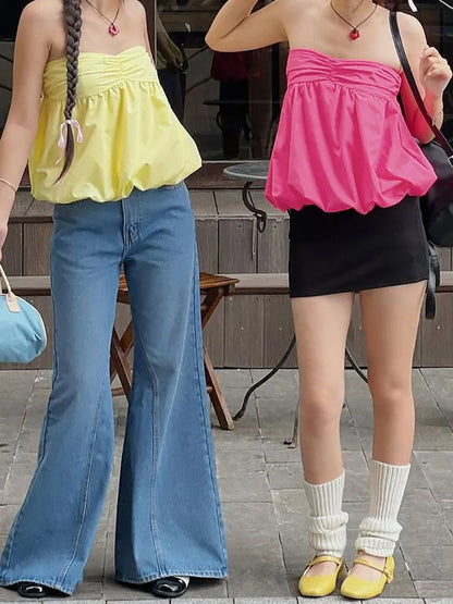 Backless Ruffled Patchwork Top Women's Summer Tube Top Y2k Fashion Sleeveless Solid Color Smocked Cropped Top Vest T-Shirt