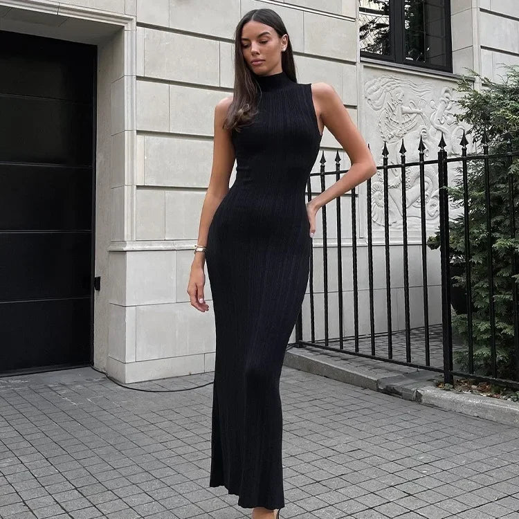 Spring Sleeveless Knitwear Turtleneck Long Dress Female Slim Elegant Fashion Autumn Ribbed Knit Dress For Women Maxi Dress