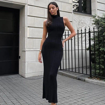 Spring Sleeveless Knitwear Turtleneck Long Dress Female Slim Elegant Fashion Autumn Ribbed Knit Dress For Women Maxi Dress