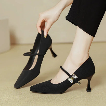 Fashion Elegant High Heels for Women Square Toe Thin Heels Office Shoes Fashion Shallow Diamond Bow Mary Jane Shoes Women Pumps