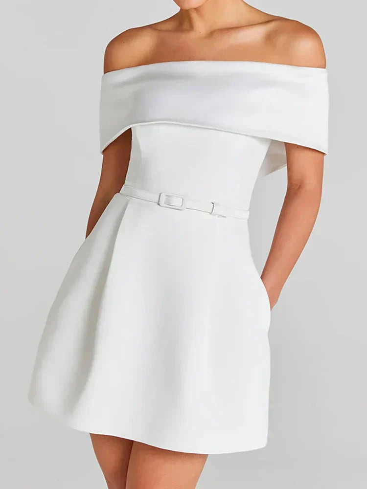 Off Shoulder Belted Fit and Flare Pocket A-Line Mini Dress