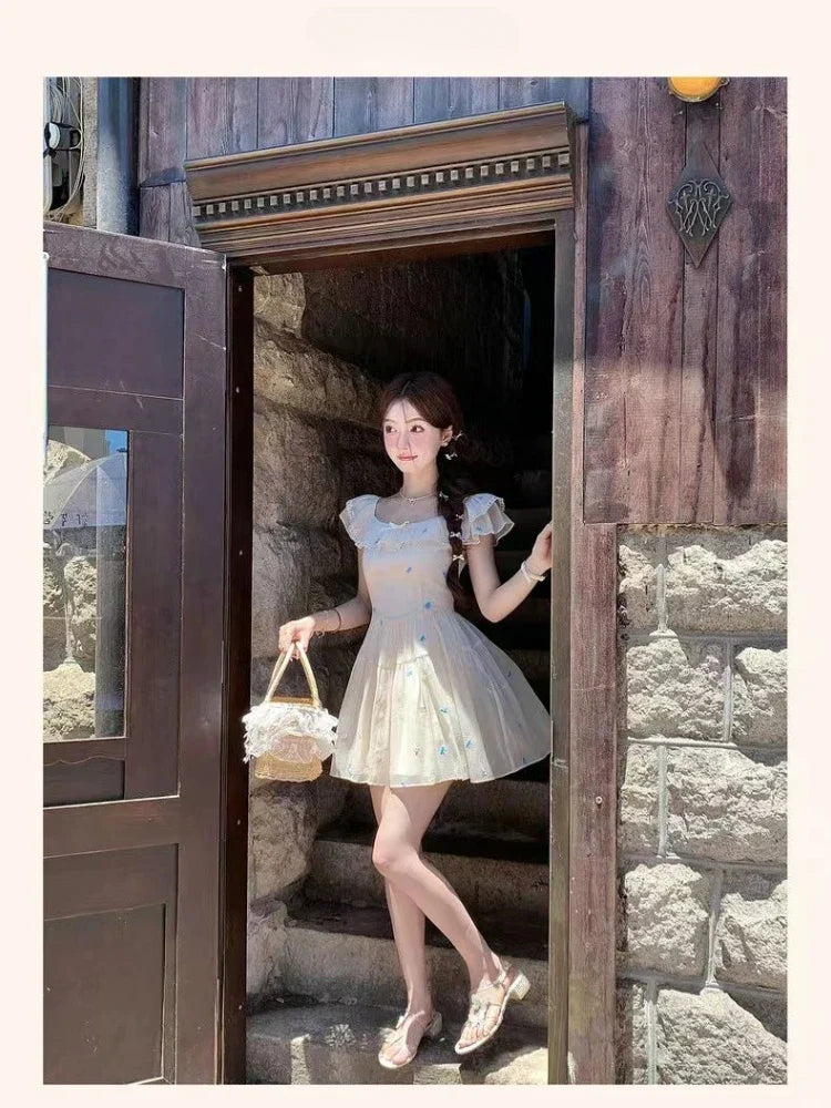Mini Dresses Women Bow Sweet Flying Sleeve Square Collar French Style Chic Spring Summer Party Mini Dress Princess Casual