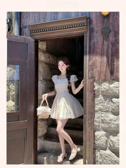 Mini Dresses Women Bow Sweet Flying Sleeve Square Collar French Style Chic Spring Summer Party Mini Dress Princess Casual